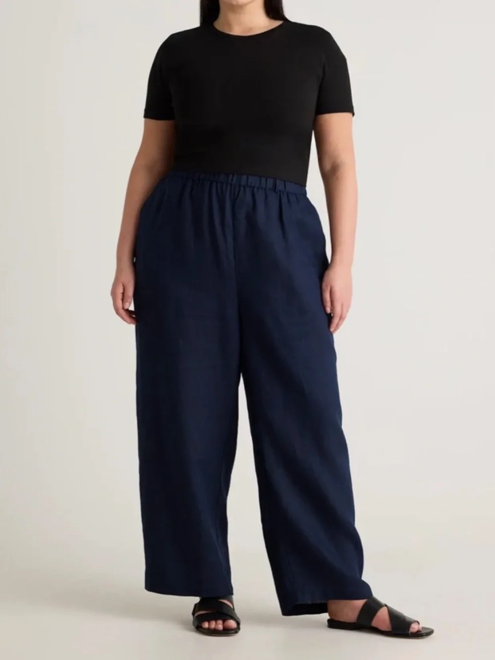 Quince European Linen Pants Wide Leg Ankle/Crop Pants Sz L Navy Minimalist